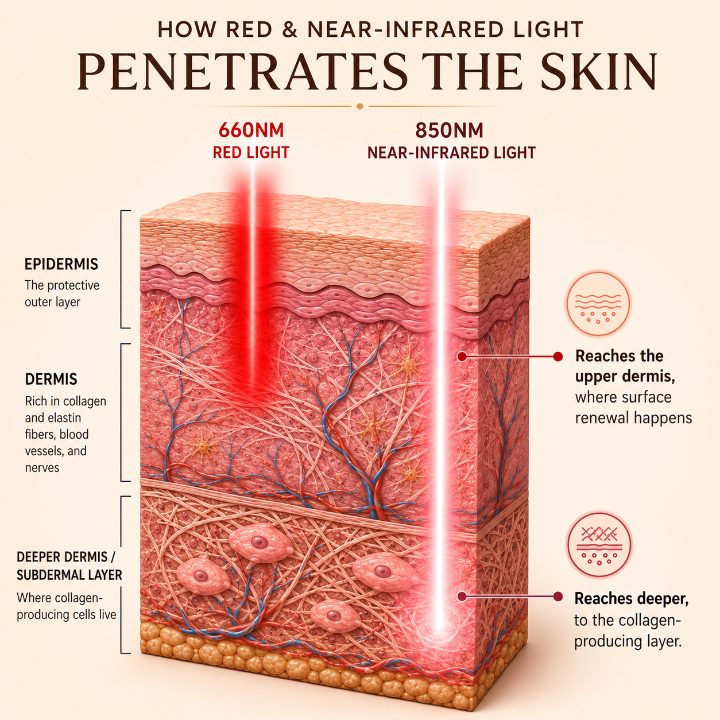 Diagram of 660nm red light and 850nm near-infrared light penetrating skin layers