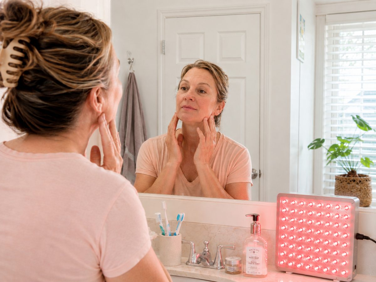 Woman using red light therapy device at home
