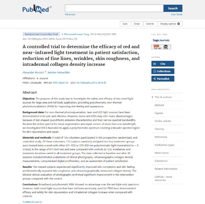 Wunsch & Matuschka, 2014 — Photomedicine and Laser Surgery study on red and near-infrared light and collagen density