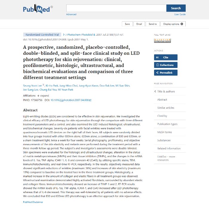 Lee et al., 2007 — Journal of Photochemistry and Photobiology study on LED phototherapy for skin rejuvenation