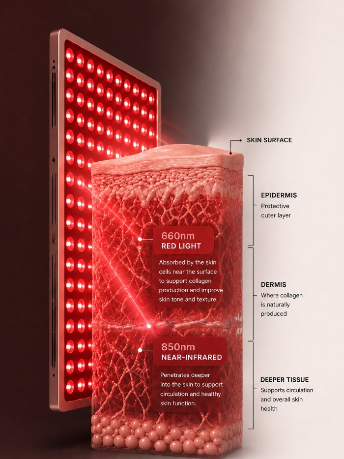 LumaVie panel diagram showing 660nm red light and 850nm near-infrared light reaching the epidermis, dermis, and deeper tissue