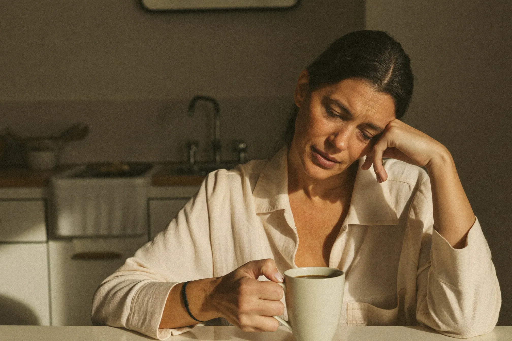 A woman tired at the kitchen table in the afternoon
