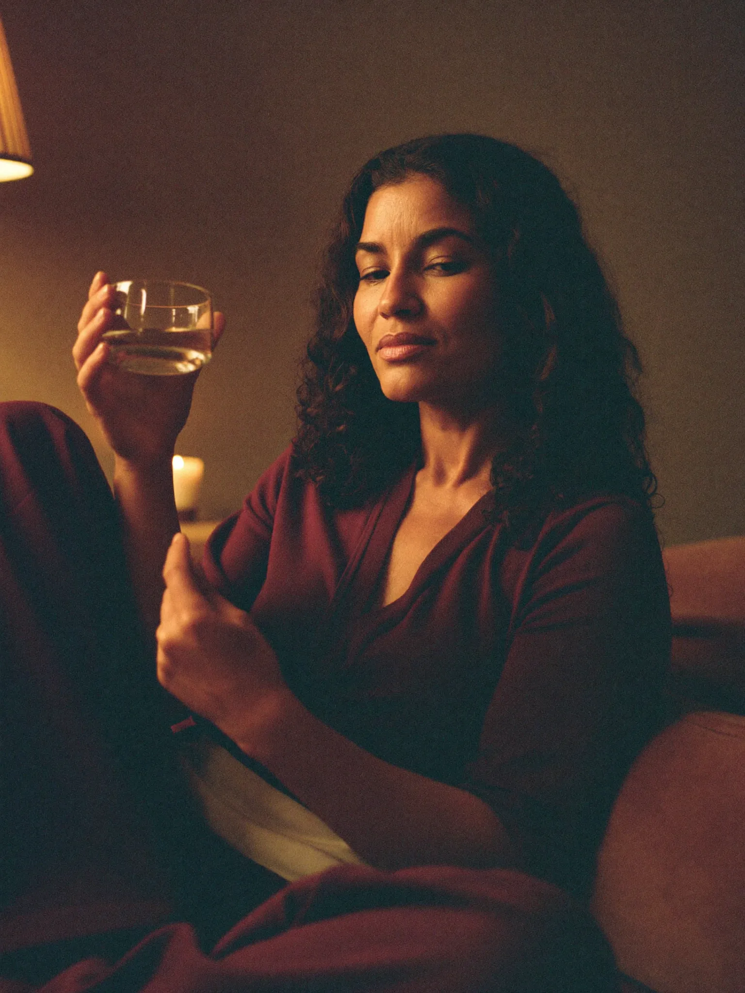 A woman winding down in the evening by warm lamplight