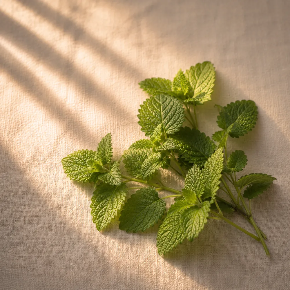 Fresh green lemon balm leaves on slender stems on cream linen.