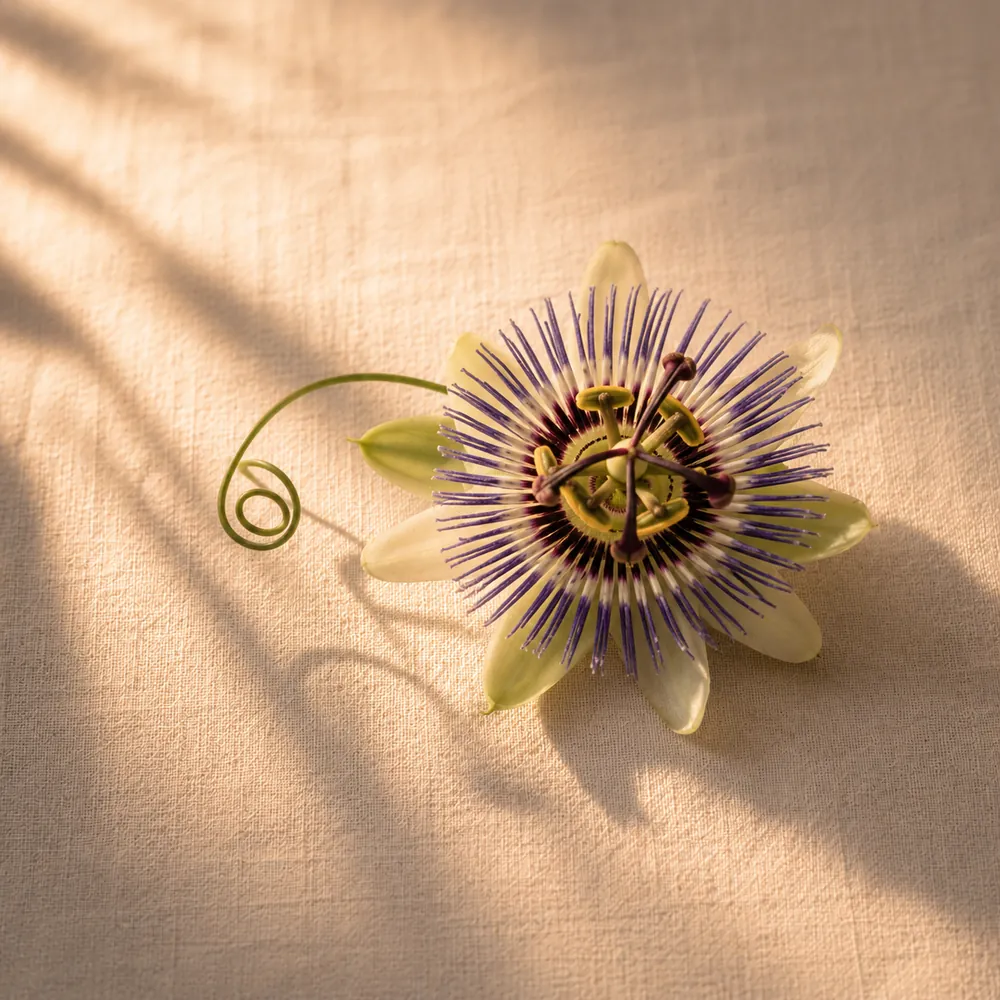 A single purple passionflower bloom on cream linen.