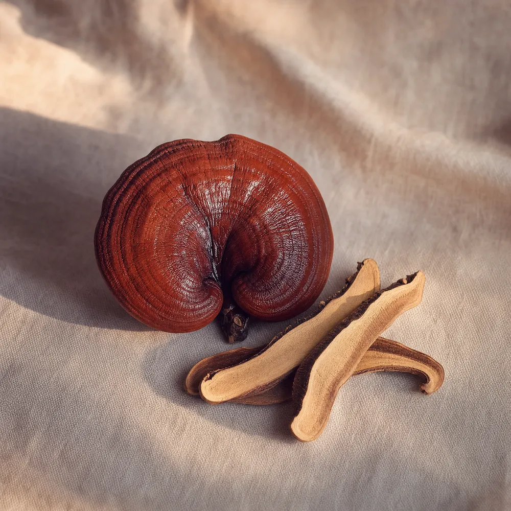 A whole reishi mushroom with dried slices on cream linen.