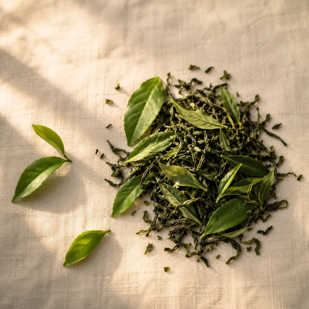 Fresh and loose green tea leaves, the natural source of L-theanine.