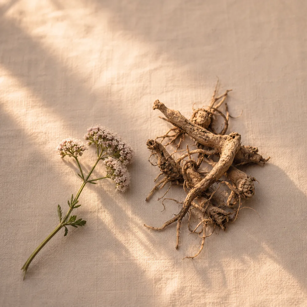Pale valerian roots beside a sprig of valerian flowers on cream linen.