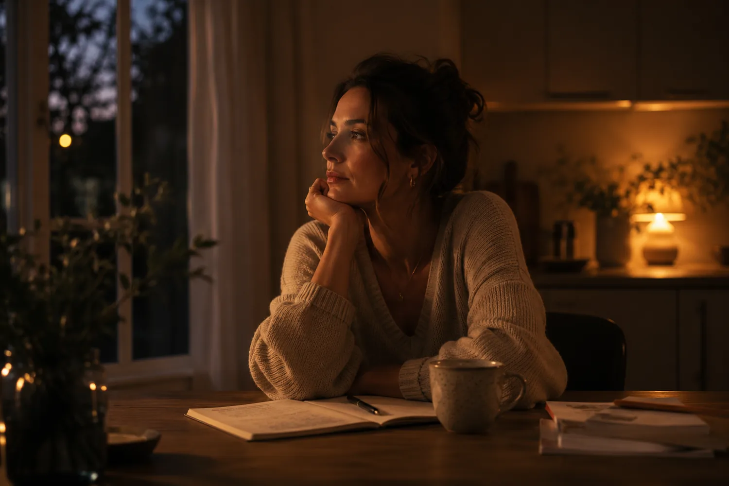 A woman in her fifties at her kitchen table in warm evening light, resting her chin on her hand, lost in thought, with a journal and a cup of tea.