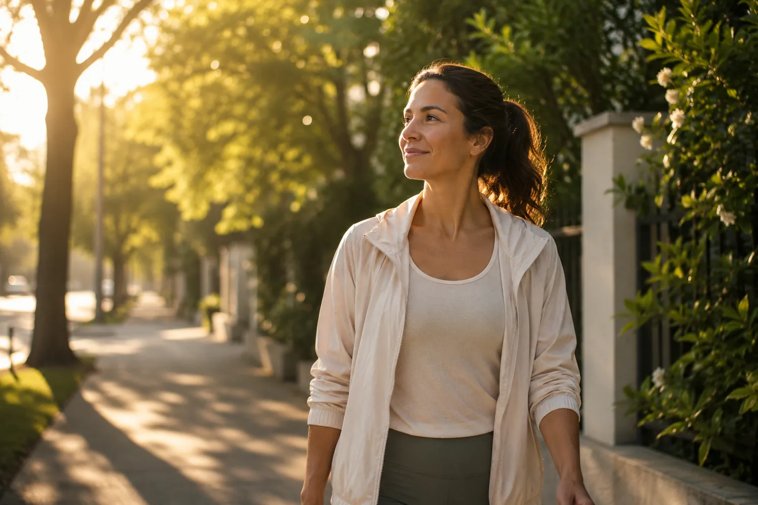 A woman in her fifties walking outdoors in soft golden morning light, looking calm and refreshed.