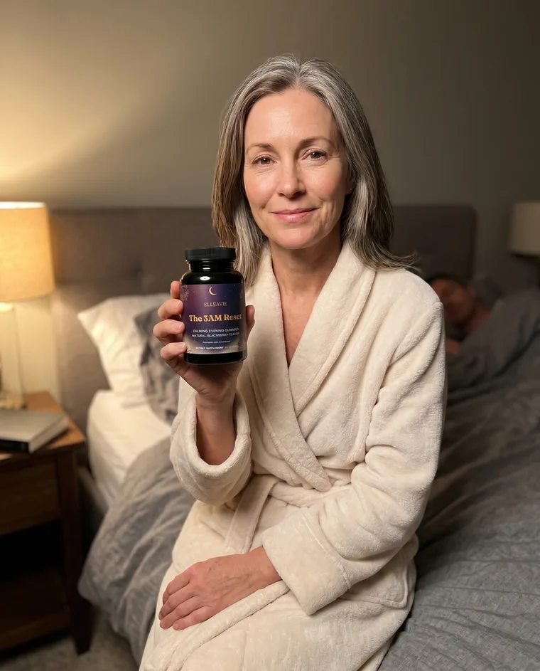 A woman in her late forties holding The 3AM Reset in her softly lit bedroom at night.