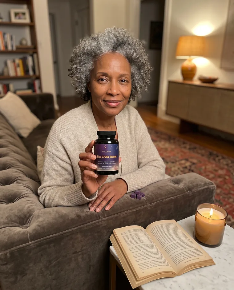 A woman holding The 3AM Reset on the couch by candlelight in the evening.