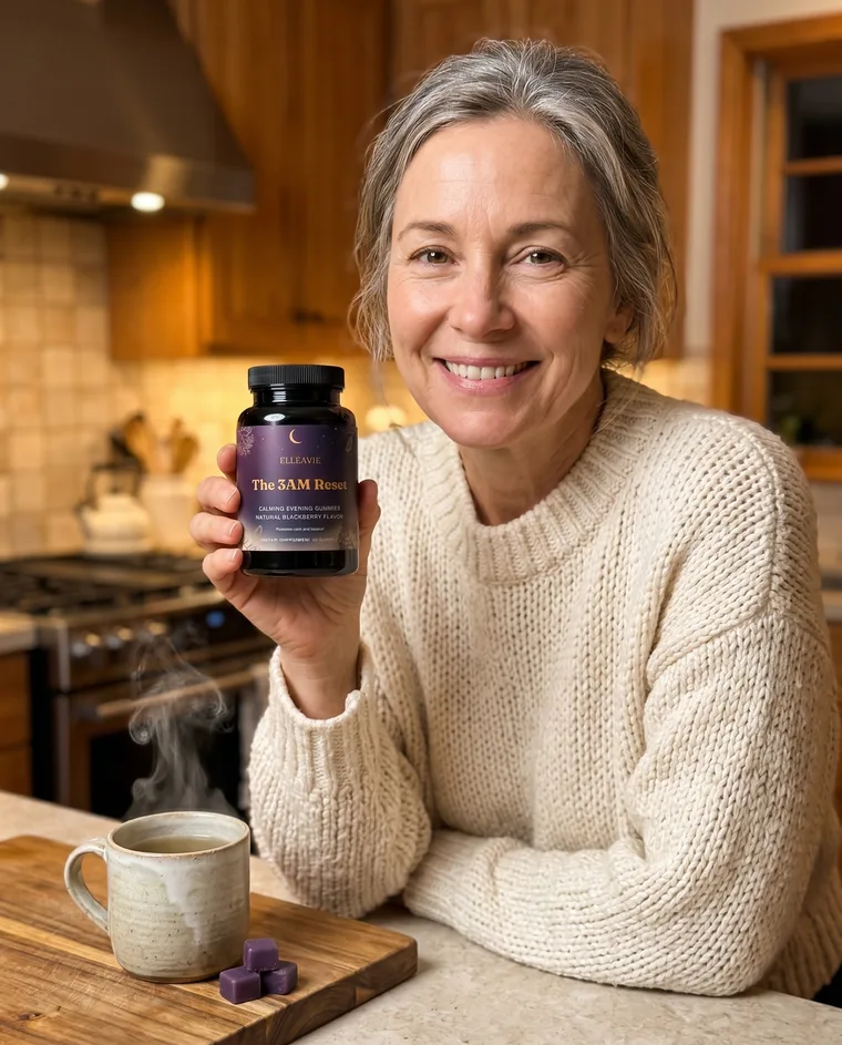 A woman holding The 3AM Reset beside a cup of evening tea in her kitchen.