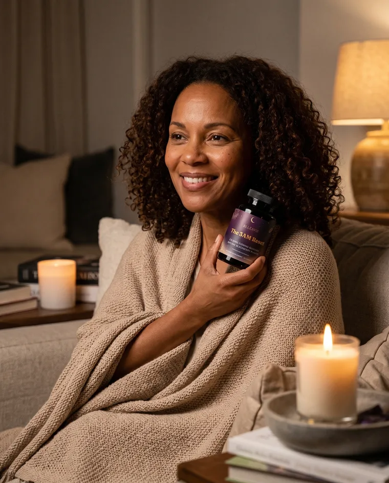 A woman wrapped in a blanket on the couch at night, holding The 3AM Reset by candlelight.