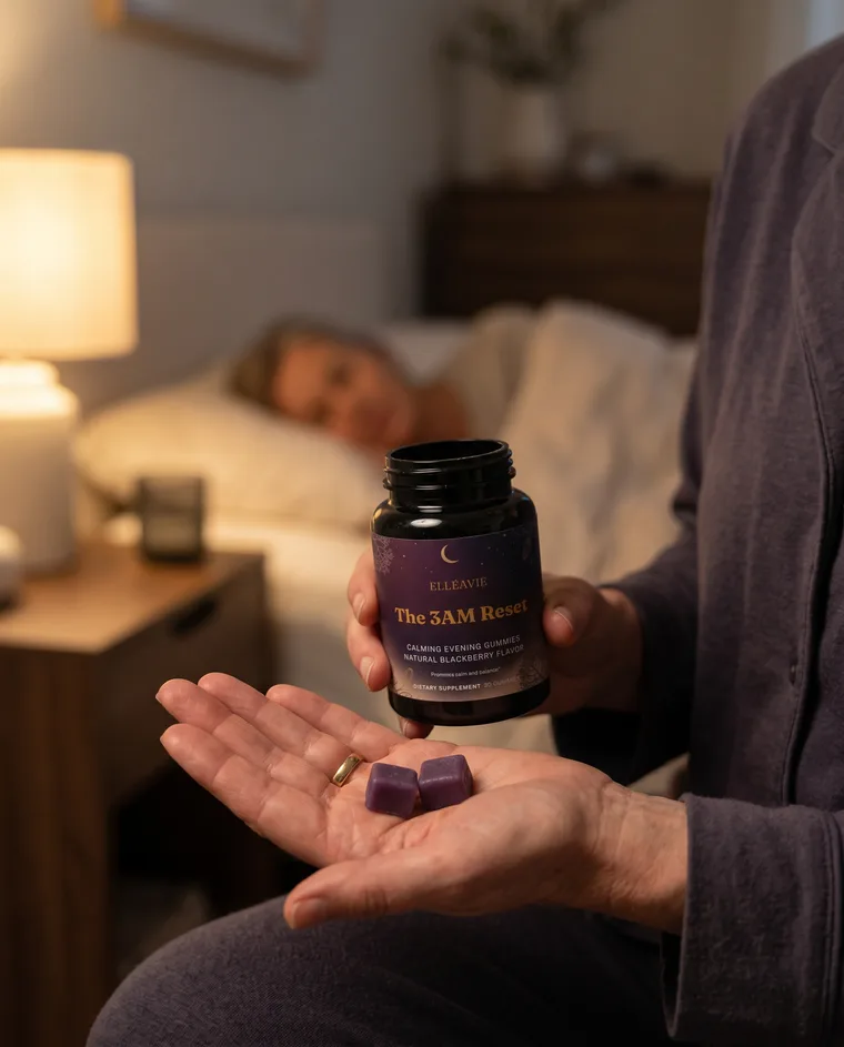 Two calming evening gummies in hand beside the open 3AM Reset jar.