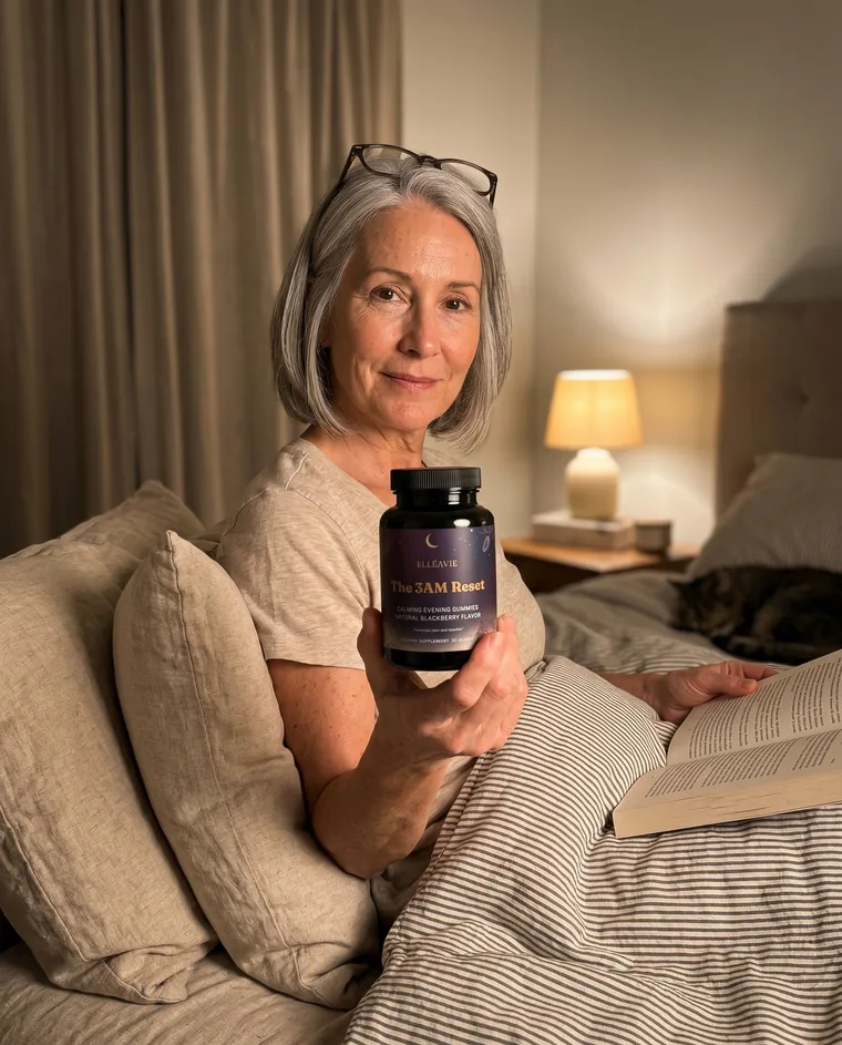 A woman reading in bed at night with The 3AM Reset on her lap.