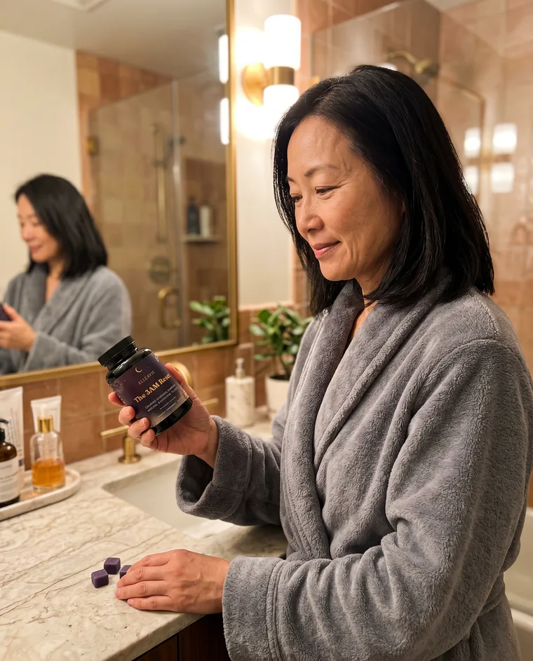 A woman holding The 3AM Reset at her bathroom vanity during her evening routine.