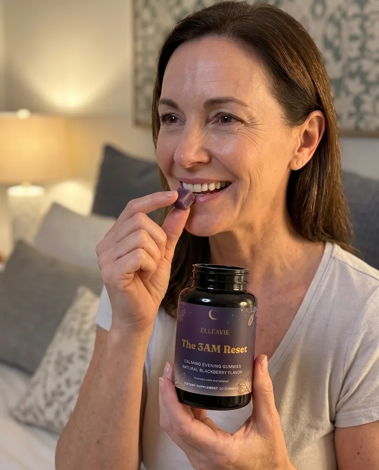 A woman taking a 3AM Reset gummy in her bedroom at night.